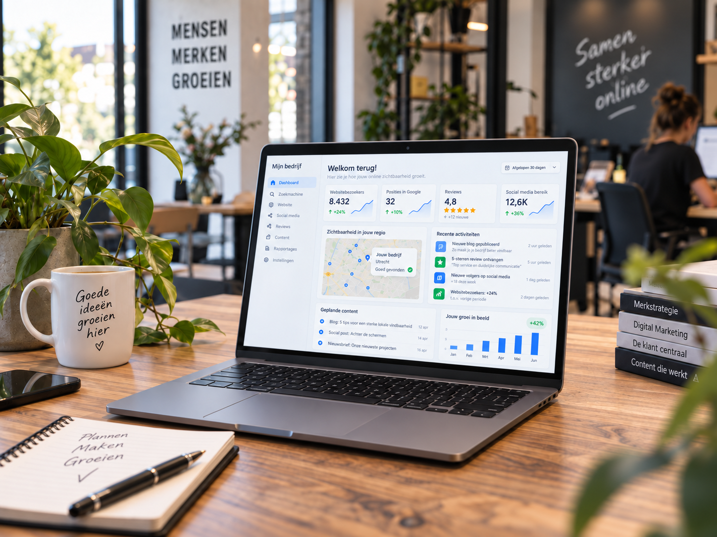 Laptop met het online zichtbaarheidsdashboard van Vindo op een houten bureau met koffiemok, notitieblok en pen